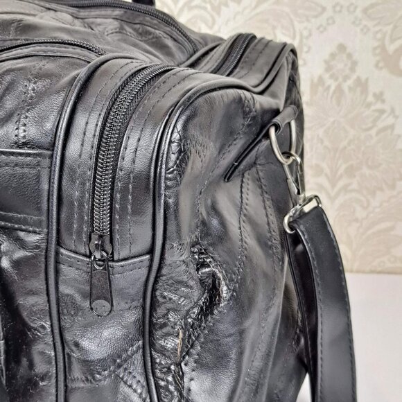 Genuine Black Leather Patchwork Duffel Bag With Adjustable Strap Multi Pockets - Picture 5 of 16